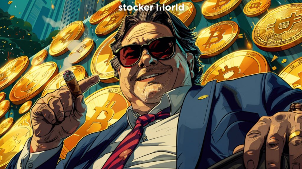 Create a vector-style illustration featuring a cartoonish, chubby businessman with sunglasses, dressed in a suit, and smiling with a cigar in his mouth. One of his hands is in his pocket, while the other hand is tossing a coin. Behind him, depict a hill made of various cryptocurrency coins such as Bitcoin (BTC), Ethereum (ETH), Ripple (XRP), Cardano (ADA), and Binance Coin (BNB). Use a modern, tech-inspired background with a mix of blue and gold tones to convey a sense of innovation and value. Ensure the overall composition is visually balanced and engaging