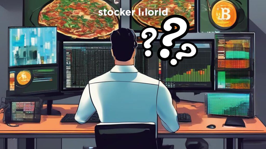 An illustration of a man sitting at a desk in front of three computer monitors, looking overwhelmed by the information on the screens. On the first monitor, display the Nvidia logo prominently. The second monitor should show forex trading charts and indicators. The third monitor should display an image of a pizza with the Bitcoin logo on it. The background can include subtle elements like a stock market ticker or financial graphs to add context. The overall style should be clean, modern, and vector-based, with vibrant colors to attract attention